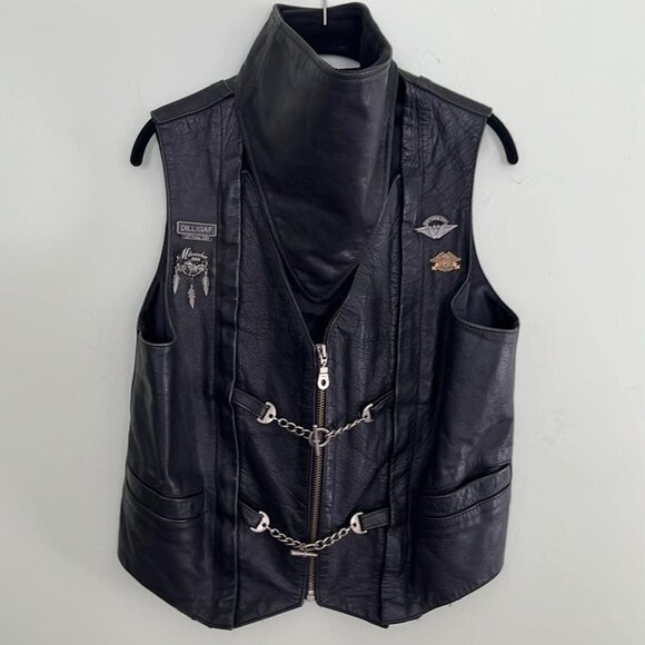 Vintage UNIK SZ LG Adjustable Leather Vest & Neck Cover Embroidered W/Event Pins - Picture 1 of 15